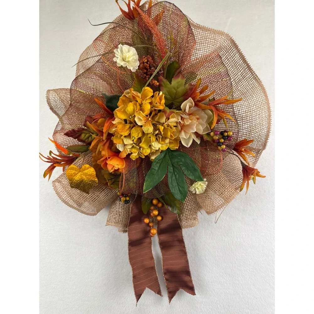 Handmade Fall Floral Wreath Burlap Deco Mesh Orange Yellow Hydrangea Decor